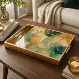 Teal Marble Glass Serving Tray with Gold Veining, Modern Decor - MintiHome