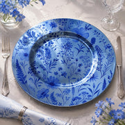 All-over blue wildflower meadow pattern of cosmos, lavender, and delphinium on a round blue decorative charger plate for garden brunch table decor.

Plate type: electroplated (blue)
