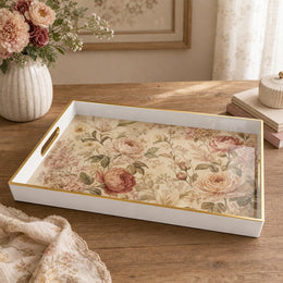 White tray with gold trim featuring vintage dusty pink rose and peony floral tapestry pattern