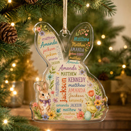 Easter personalized name bunny acrylic hanging with bunny ears, name typography, bunny, chick, and egg on clear acrylic.