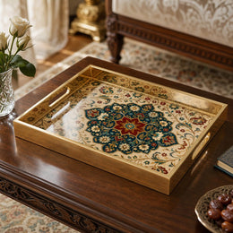 Persian Mandala Glass Serving Tray with Gold Frame - MintiHome