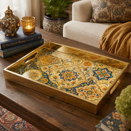 Moroccan Arch Decorative Tray with Gold Frame and Botanical Motifs | Minti Home on a coffee table, featuring UV-printed artwork on tempered glass with an electroplated frame and matching handles.