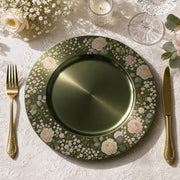 Green Floral Charger Plate with White Roses Border – Romantic Garden Table Decor Set - MintiHome