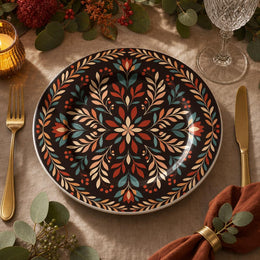 Charger plate with autumn mandala pattern of teal, red, orange, and cream fall leaves, Thanksgiving harvest table decor.