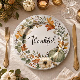 Thankful Pumpkin Floral Wreath Decorative Plate – Watercolor Fall Table Charger Set - MintiHome