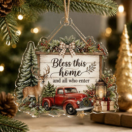 Bless This Home Acrylic Hanging Wall Decor with Deer and Red Truck - MintiHome