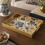 Blue Iris Floral Glass Serving Tray with Gold Botanical Frame - MintiHome