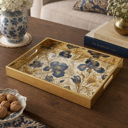 Blue Iris Floral Glass Serving Tray with Gold Botanical Frame - MintiHome
