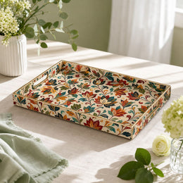 Colorful Fall Leaves Plastic Serving Tray – Full Print Border featuring full-color printed artwork with gold-painted rim and matching handles.