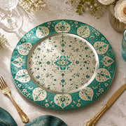 Persian mandala with teal arabesque border and gilded accents on a round decorative charger plate for boho table decor and gallery wall styling.

Plate type: electroplated (teal)