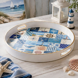 Nautical Patchwork Plastic Serving Tray – Blue White Tiles - MintiHome