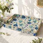 Blue Wildflower Plastic Serving Tray – White Daisy Border featuring full-color printed artwork with gold-painted rim and matching handles.