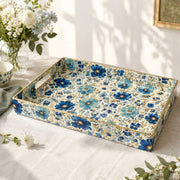 Blue Wildflower Plastic Serving Tray – White Daisy Border featuring full-color printed artwork with gold-painted rim and matching handles.