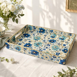 Blue Wildflower Plastic Serving Tray – White Daisy Border featuring full-color printed artwork with gold-painted rim and matching handles.