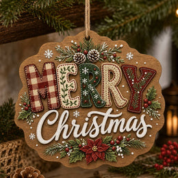 Merry Christmas MDF Hanging Wall Decor – Embroidered Letters clear acrylic hanging wall decor with back-printed illustration, scalloped die-cut silhouette, hung with natural jute twine.