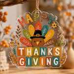 Colorful turkey acrylic hanging wall decor with HAPPY THANKSGIVING letters, autumn feathers, and clear die-cut silhouette.