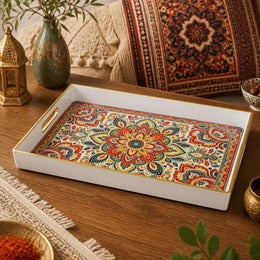White tray with gold trim featuring colorful bohemian mandala and paisley motif design