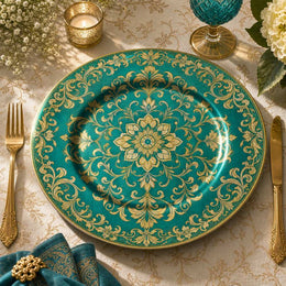 Wedding Charger Plate with Gold Damask Filigree – Teal Vintage Reception Table Decor Set - MintiHome
