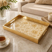 Gold Rose Damask Decorative Tray with Heraldic Florals and Gold Frame | Minti Home on a coffee table, featuring UV-printed artwork on tempered glass with an electroplated frame and matching handles.