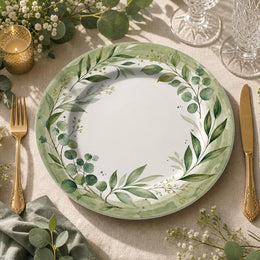 Green Eucalyptus Wreath Charger Plate – Botanical Ceramic Underplate for Everyday & Wedding - MintiHome