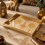 Islamic Geometric Gold Decorative Tray with Crescent Medallions | Minti Home on a coffee table, featuring UV-printed artwork on tempered glass with an electroplated frame and matching handles.