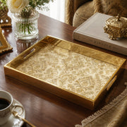 Vintage Gold Damask Arabesque Glass Serving Tray, 40x30cm on a coffee table, featuring UV-printed artwork on tempered glass with an electroplated frame and matching handles.