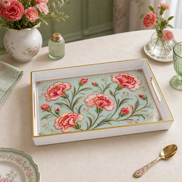 White Gold Red Carnation Vintage Floral Tray Sage Green Botanical - MintiHome