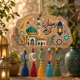 Ramadan Kareem crescent moon wood hanging decor with mosques, Arabic calligraphy, and colorful tassel dangles.