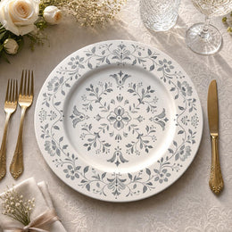 Grey Damask Floral Charger Plate – Ornamental Ceramic Underplate for Wedding & Elegant Dinner - MintiHome