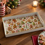 White tray with gold trim featuring Christmas gingerbread cookie candy cane and lollipop pattern