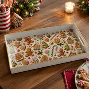 White tray with gold trim featuring Christmas gingerbread cookie candy cane and lollipop pattern