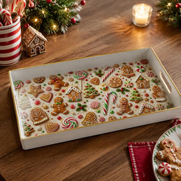 White tray with gold trim featuring Christmas gingerbread cookie candy cane and lollipop pattern