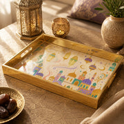 Ramadan Mosque Lantern Serving Tray with Gold Frame | Minti Home on a coffee table, featuring UV-printed artwork on tempered glass with an electroplated frame and matching handles.