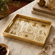 Middle East Tribal Geometric Glass Serving Tray – Camels on a coffee table, featuring UV-printed artwork on tempered glass with an electroplated frame and matching handles.