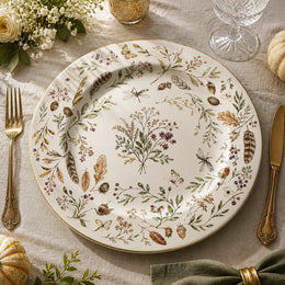Thanksgiving Botanical Wildflower Charger Plate with Gold Rim & Acorns, Watercolor Fall Table Decor - MintiHome