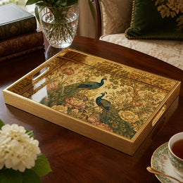 Vintage Peacock Floral Decorative Tray with Gold Frame | Minti Home on a coffee table, featuring UV-printed artwork on tempered glass with an electroplated frame and matching handles.