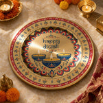 Decorative charger plate on a linen table.