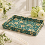 Teal Daisy Floral Plastic Serving Tray – Gold Leaf Accents featuring full-color printed artwork with gold-painted rim and matching handles.