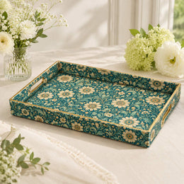 Teal Daisy Floral Plastic Serving Tray – Gold Leaf Accents featuring full-color printed artwork with gold-painted rim and matching handles.