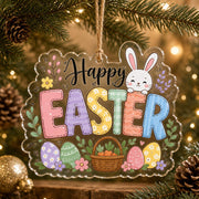 Clear acrylic hanging wall decor with colorful patterned EASTER letters and bunny with basket of pastel Easter eggs.