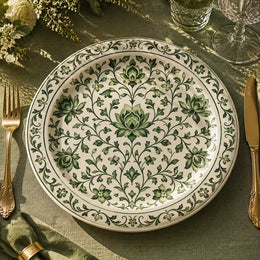 White charger plate with sage green vintage damask floral medallion pattern, garden table decor.