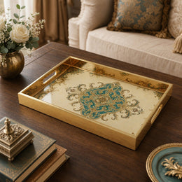 Vintage Damask Ornamental Serving Tray with Gold Frame - MintiHome