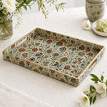 Cream Paisley Block Print Rectangular Tray | Boho Home Decor Gift featuring full-color printed artwork with gold-painted rim and matching handles.