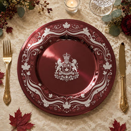 Decorative charger plate on a linen table.