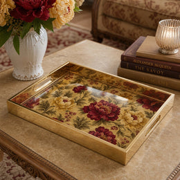 Vintage Red Peony Gold Decorative Tray with Floral Pattern and Gold Frame | Minti Home on a coffee table, featuring UV-printed artwork on tempered glass with an electroplated frame and matching handles.