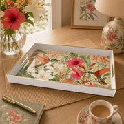 White tray with gold trim featuring watercolor hummingbird white lily and red hibiscus floral botanical pattern