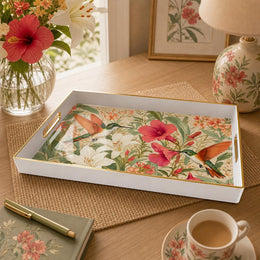 White tray with gold trim featuring watercolor hummingbird white lily and red hibiscus floral botanical pattern