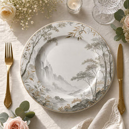White ceramic decorative charger plate with a misty Chinese ink-wash mountain landscape, pine trees, and a gold rim for elegant dining.