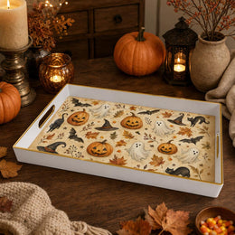 Halloween Pumpkin Plastic Serving Tray – Ghost & Black Cat