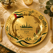 Decorative charger plate on a linen table.